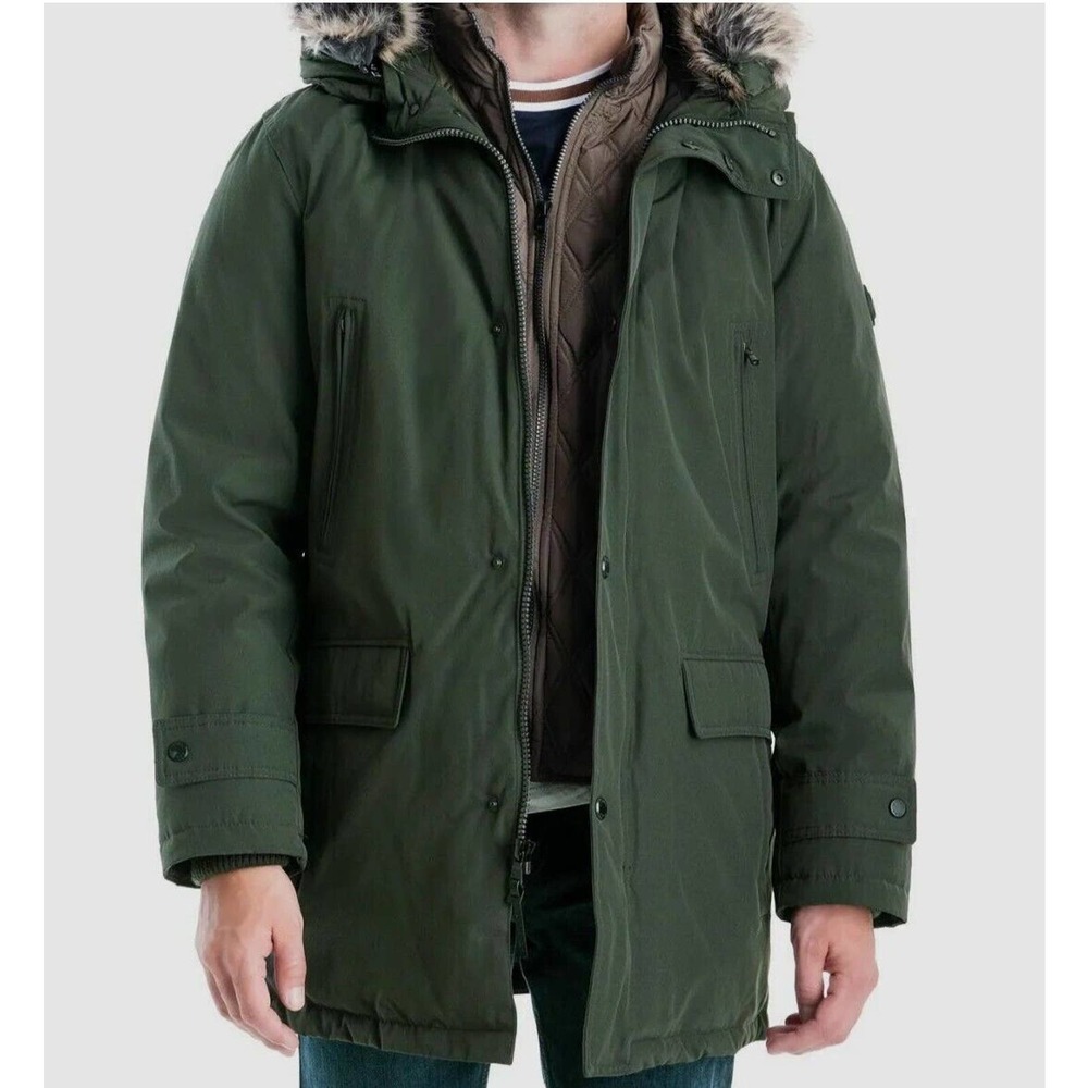 Michael Kors Mens Green Bib Snorkel Faux-Fur Trim Heavyweight Coat Jacket Size M